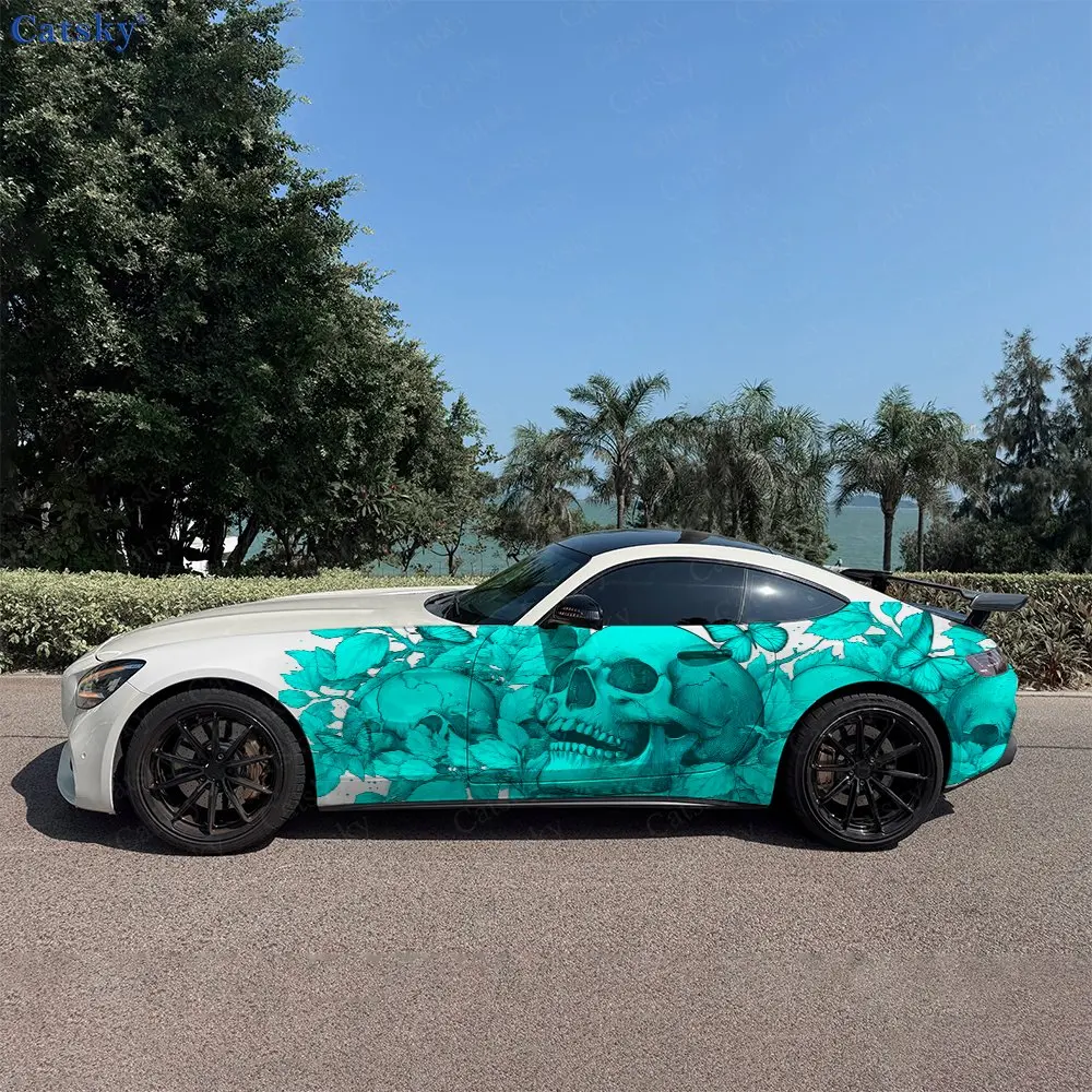 

2pcs Turquoise Skull with Butterflies Car Side Wraps, Self-Adhesive PVC Waterproof & Scratch-Resistant Stickers, Car Accessory