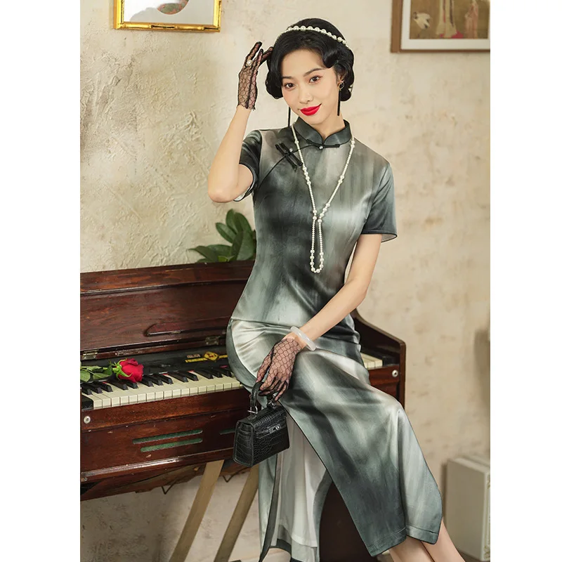 High Quality High-Grade Real Silk Dress Chinese Improved Catwalk Cheongsam Qipao Long Summer High-End Female Suzhou 2024