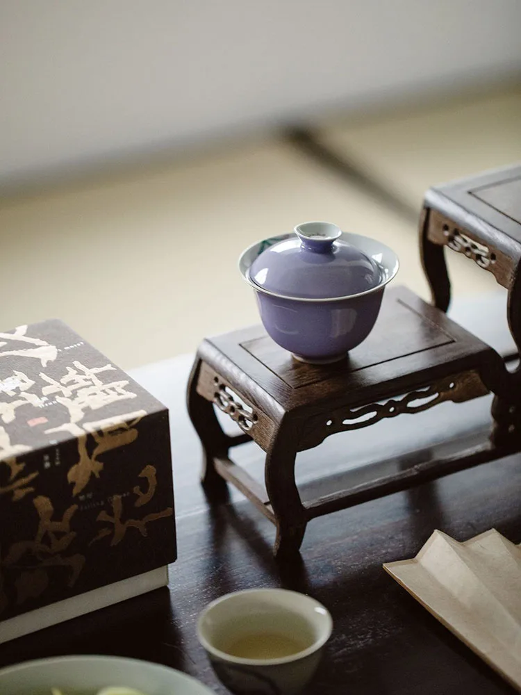 Hibiscus Purple Hand Painted Hua Tian Wrong Tureen Underglaze Color Tea Brewing Bowl Cup Chinese Kung Fu Set Egg-Shell Porcelain