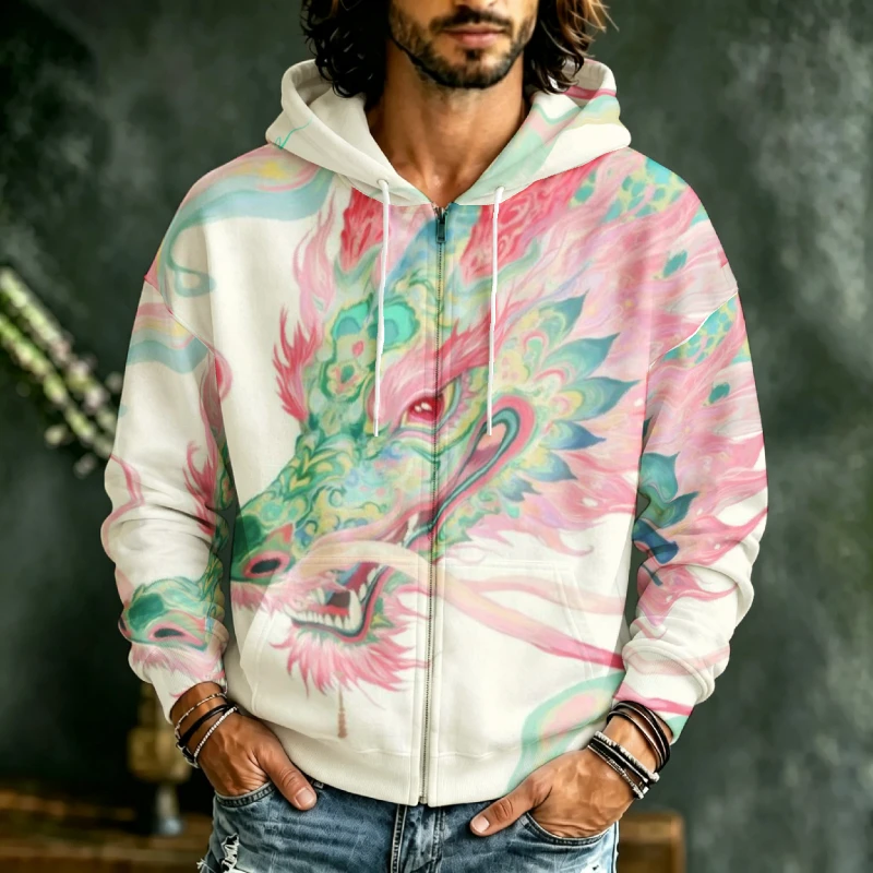 Men Zip Hooded Sweatshirt 3D Animal Tiger Dragon Oriental Art Print Drawstring Casual Outer Garment For Male