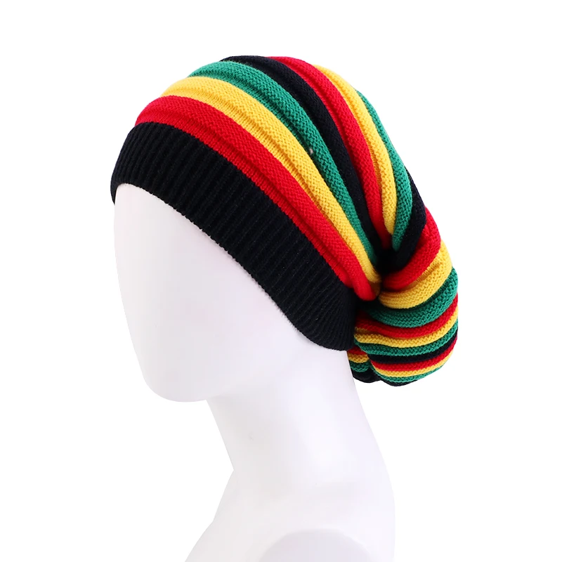 Men Women Rasta Jamaica Knit Beanie Cap Red Yellow Green Black Striped Slouchy Oversized Hip Hop Knitted Hat view 5