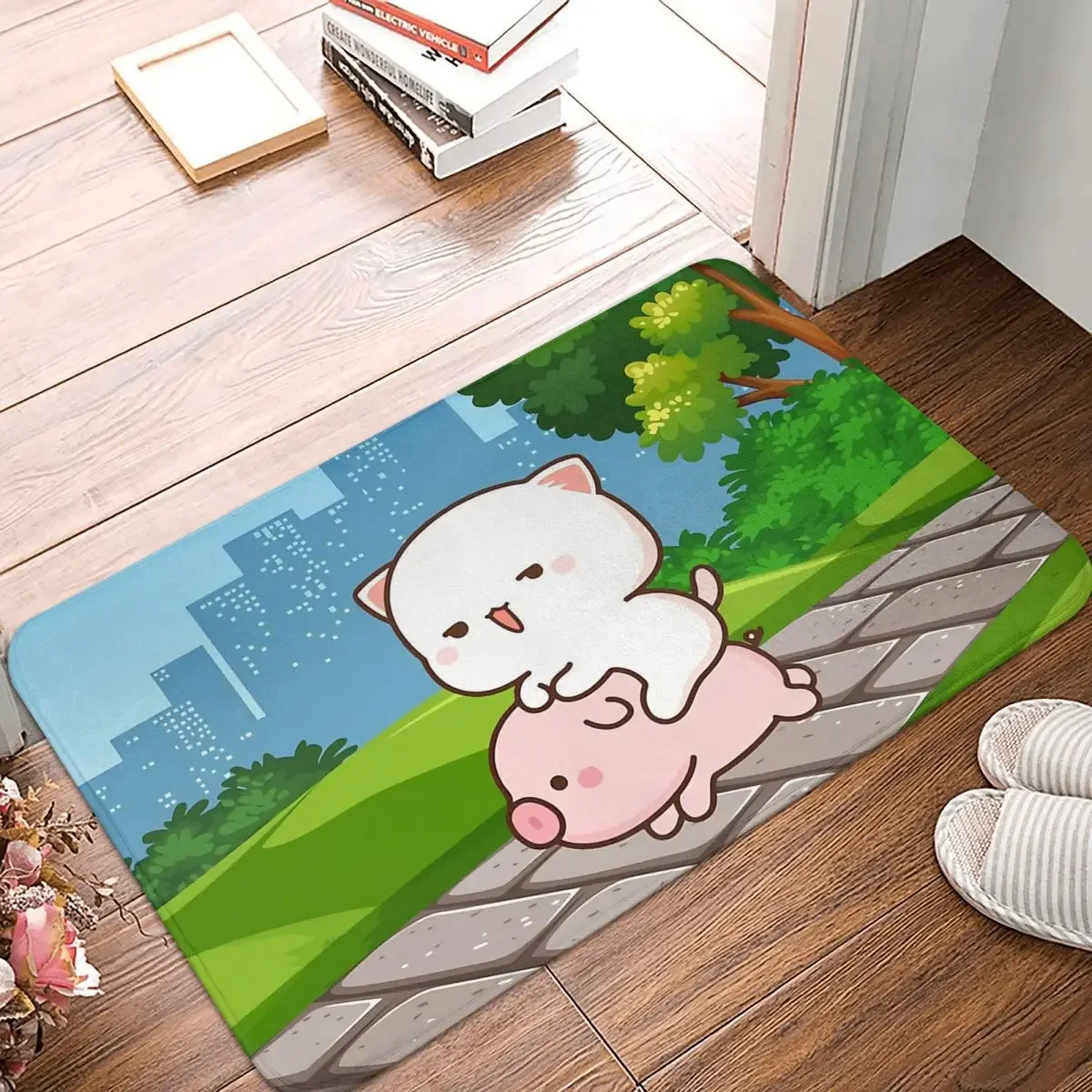 Peach Goma Mochi Cat Bathroom Mat Funny Riding Piggy Vehicle In A Park Rug Home Doormat Living Room Carpet Balcony