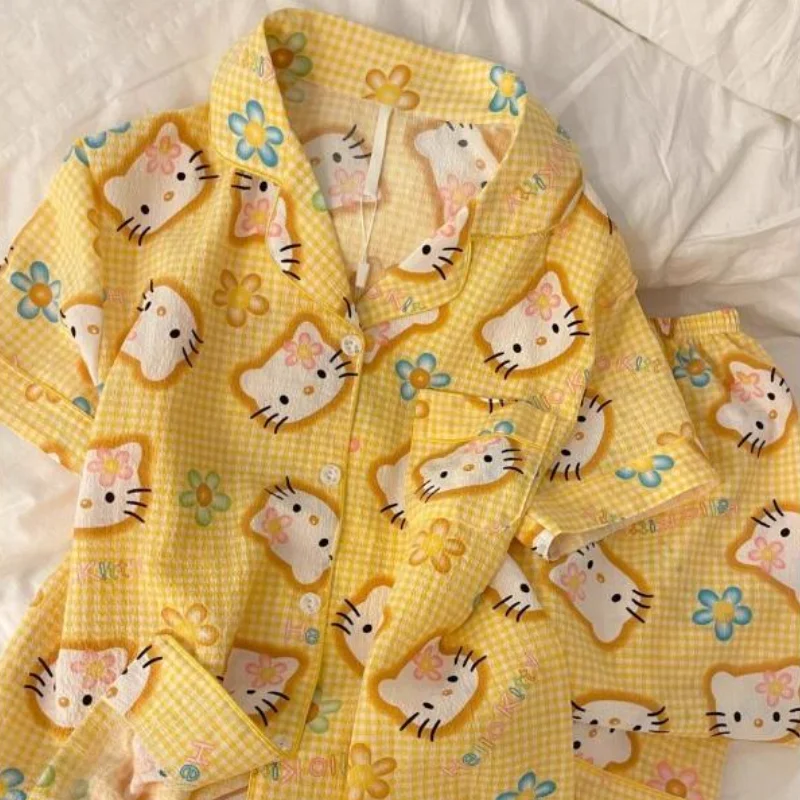 

Y2K Cute Sanrio Hello Kitty Sleepwear Women's Summer New Nightwear Set Cartoon Kawaii Pants Large Home Clothes Casual Pajama Set