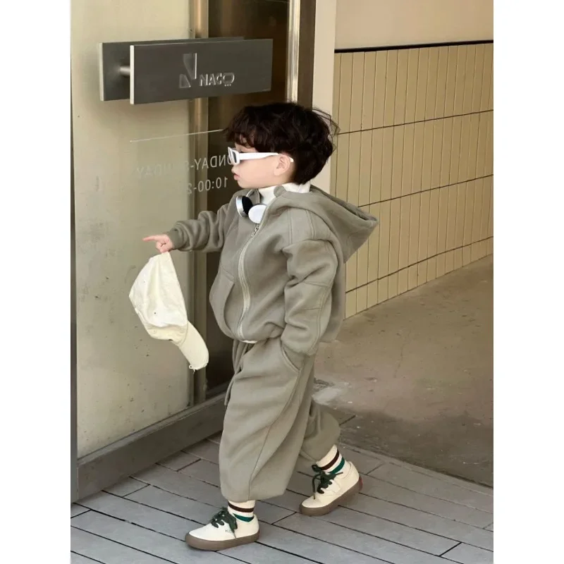 2 Pcs Hooded Set New Kid Clothing 2024 Autumn Winter Korean Boy Fleece Lining Thick Girl Fashion Sports Zipper Cotton Outfits