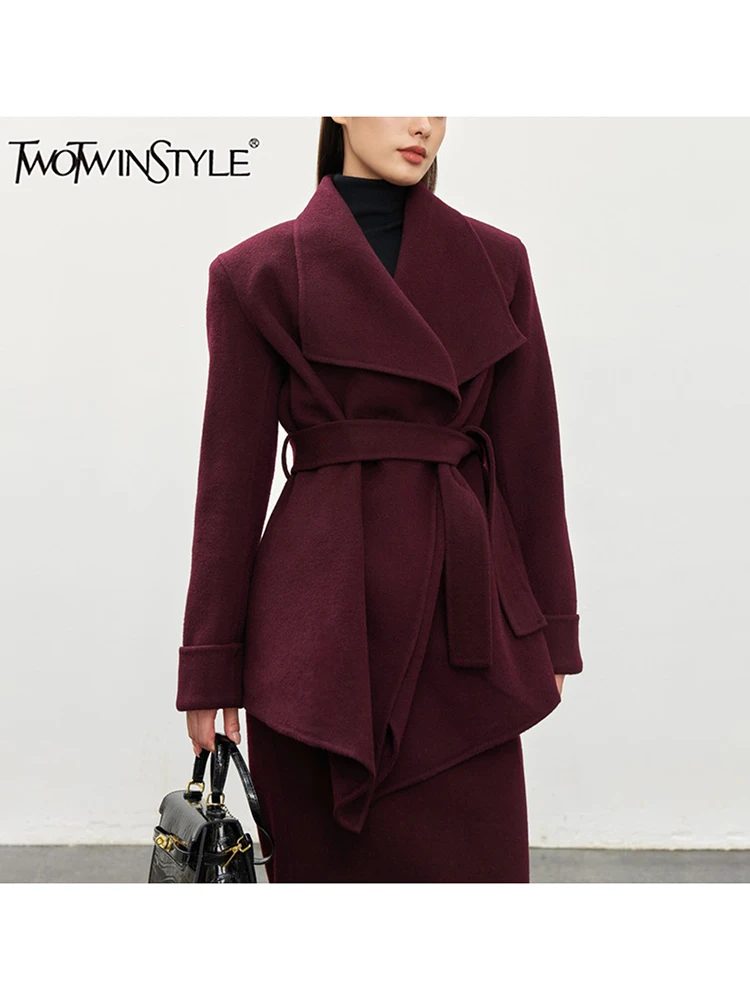 

TWOTWINSTYLE Solid Patchwork Sashes Elegant Coats For Women Stand Collar Long Sleeve Temperament Coat Female Fashion Winter New