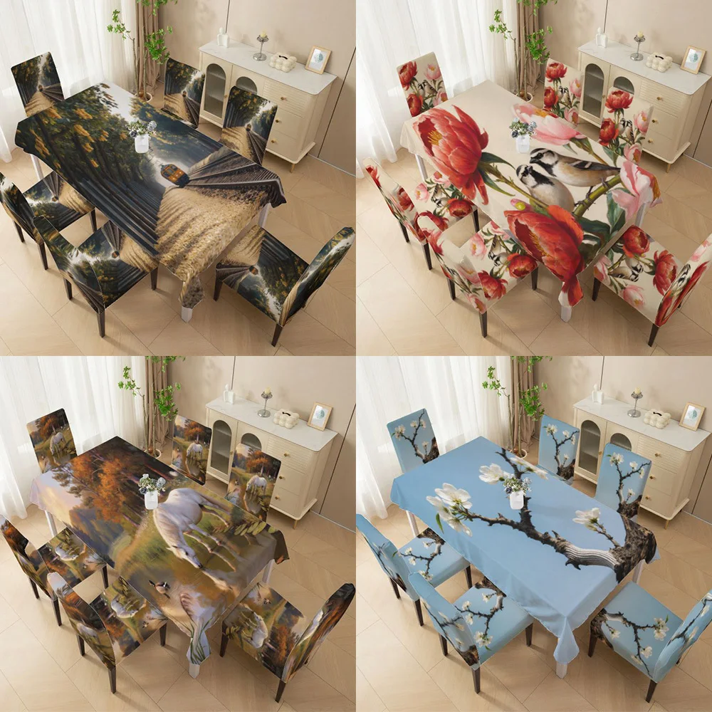 High-back dining chair set, elastic chair cover train flower pattern, dining room, living room, outdoor courtyard