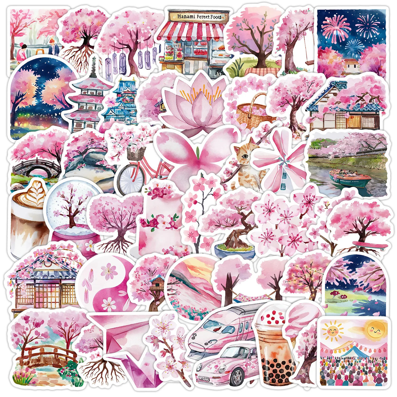 

10/30/50Pcs Pink Cherry Blossom Series Graffiti Decorative Stickers DIY Guitar Phone Water Cup Skateboard Waterproof Stickers