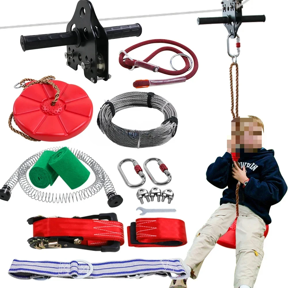 110 FT 120 FT Zip line Kit for kids and adults with Stainless Steel Spring Brake and Seat Trolley with Handle for Backyard