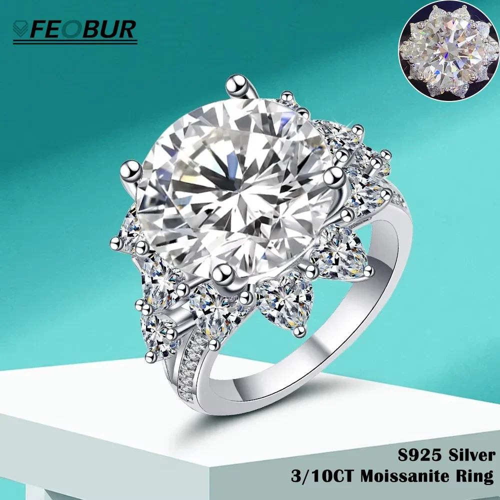 

FEOBUR 10CT Moissanite Ring with Certificate for Women 100% 925 Sterling Silver Sunflower Diamond Rings Engagement Wedding Band