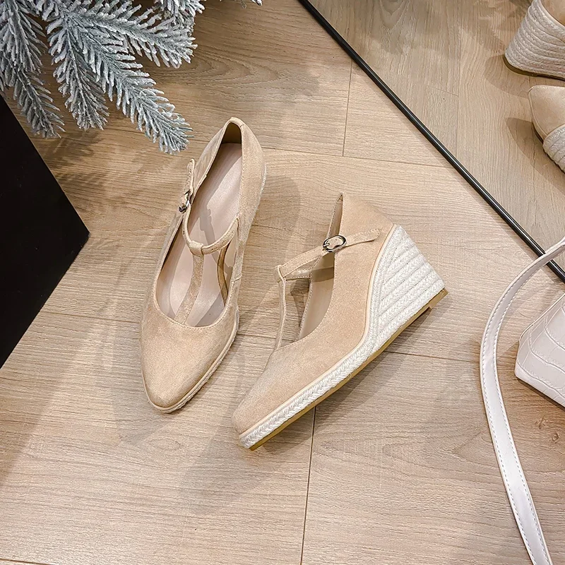 Women’s Suede Wedge Heel Shoes Thick Platform Pumps Elegant Lady T-Strap Hemp Espadrilles Mary Jane Apricot High Heel Pumps