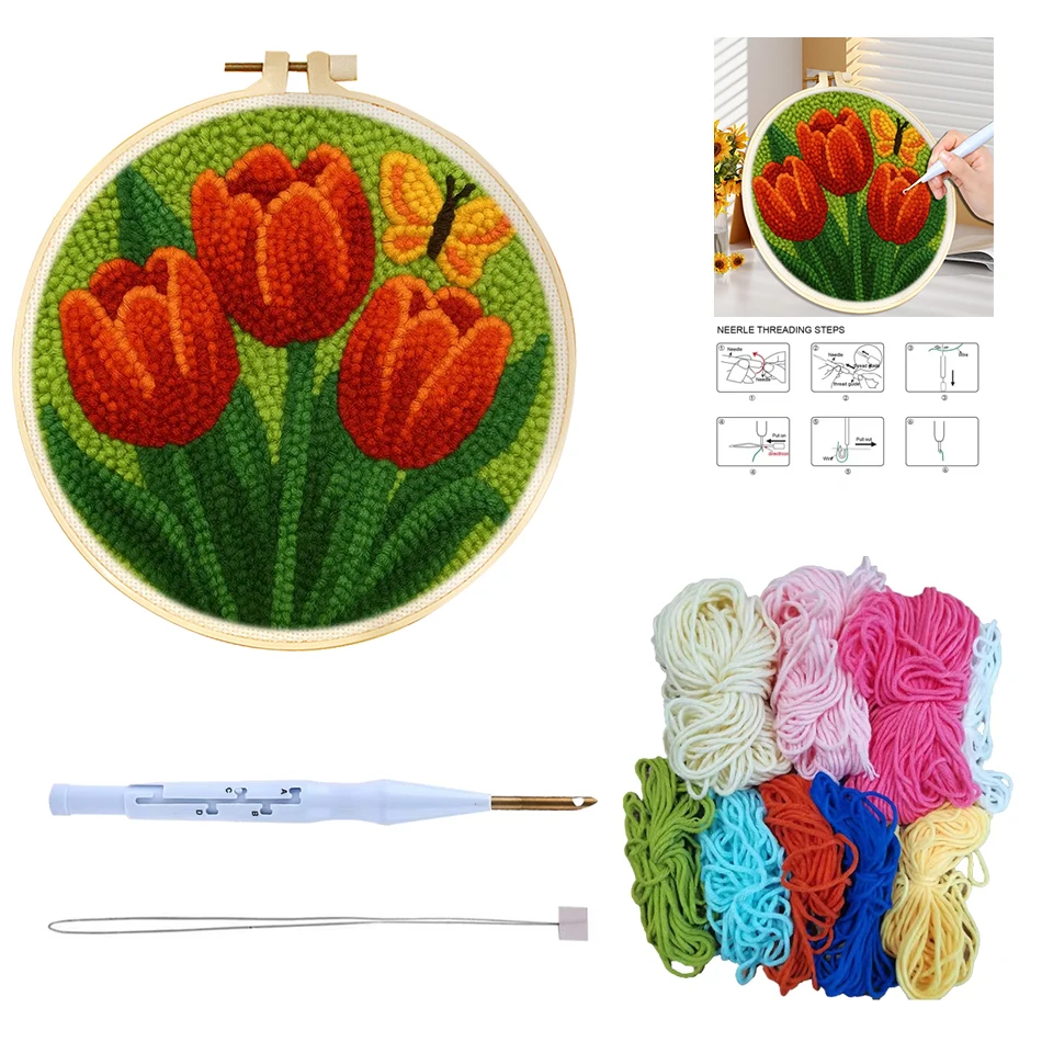 CHENISTORY DIY Punch Needle Embroidery Kit Flower Pattern Embroidery with Frame Cross Stitch Kit Yarn Sewing DIY gift for Room D