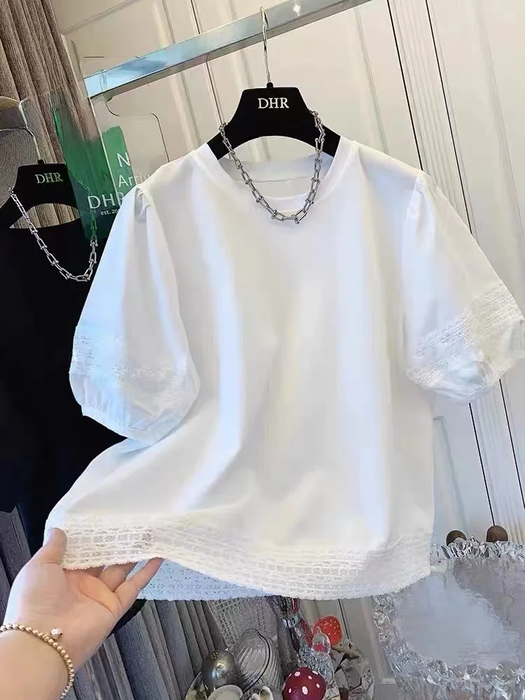 

Лето 202, свободная женская футболка с кружевом Bubble Sve ort Sve Base irt round Ne Pure Color, универсальный повседневный топ