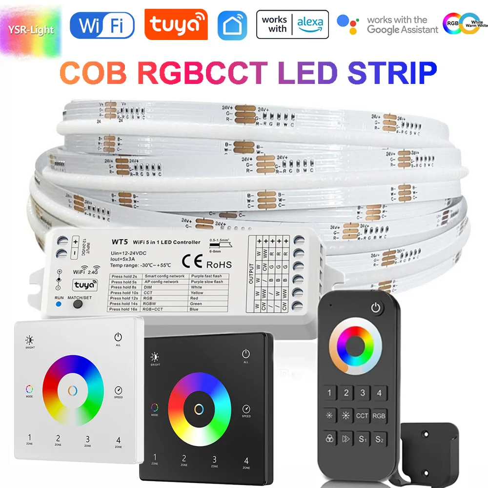 

WT5 5in1TUYA WIFI Controller DC24V COB RGBCCT Led Strip Light 6PIN 840Leds/M 2.4G RF Remote Smart Dimmer Switch for Alexa Google