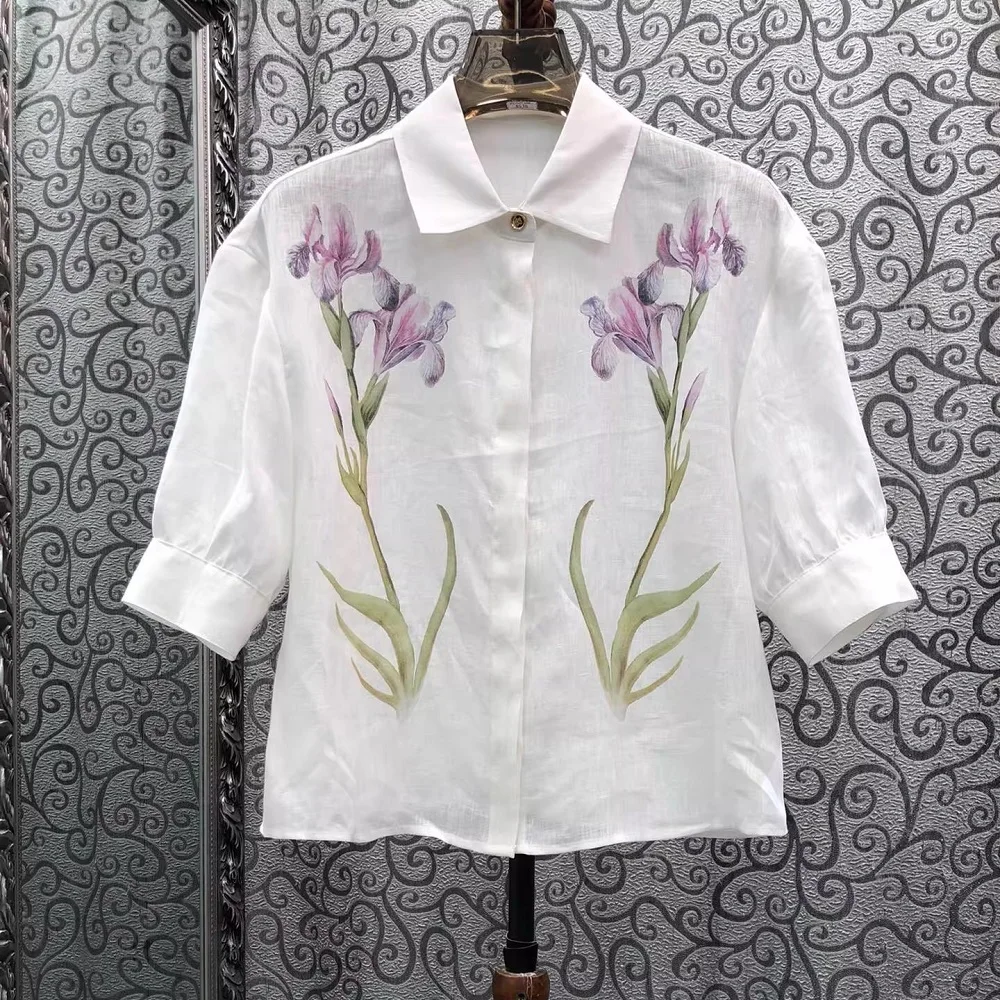 

Льняные рубашки 100% лен, коллекция Весна-Лето 2026, женские, с отложным воротником, фиолетовые с цветочным принтом, с коротким рукавом, повседневные белые топы-блузки