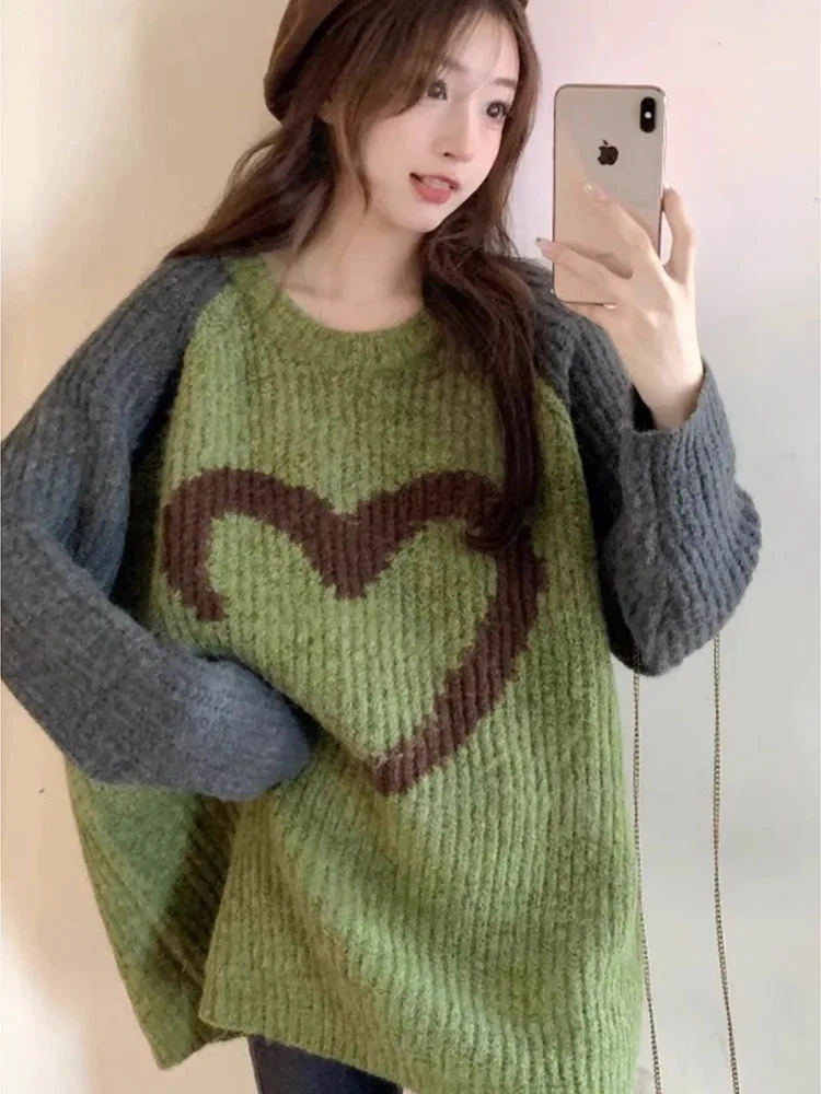 Winter New Sweet Heart Pattern Sweater Retro Harajuku Style Long Sleeve Pullover Loose Knitted Casual Sweater Korean Clothing