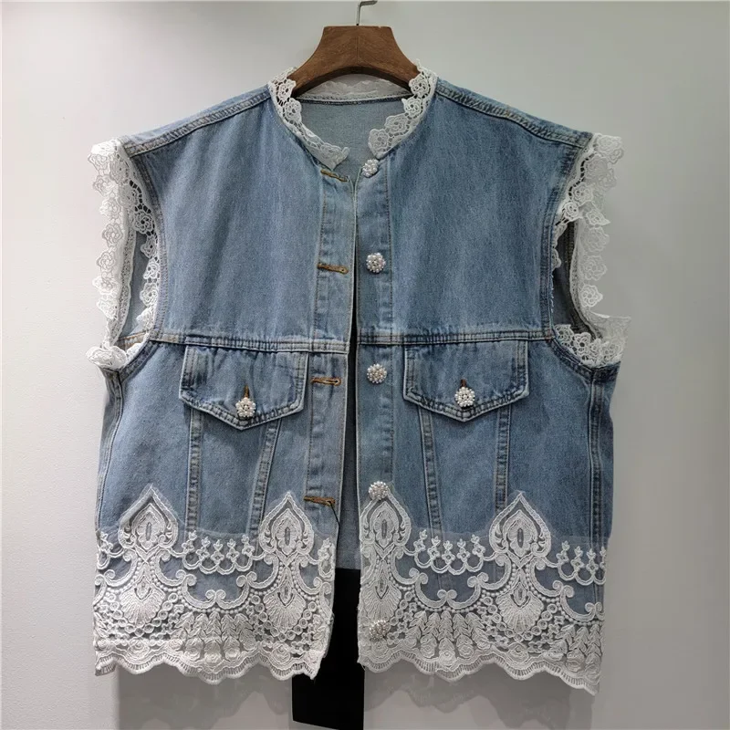 春夏の女性のレースのパッチワークブルーショートデニムベストラウンドネックシングルブレスト女性ノースリーブカウボーイチョッキジャケット