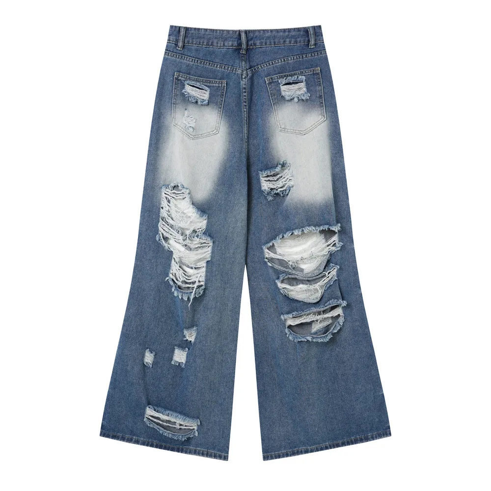 MWJLPWQ American High Street Ripped Jeans For Men Vintage Distressed Style Washed Damaged Niche Loose Wide-Leg Trousers 17465