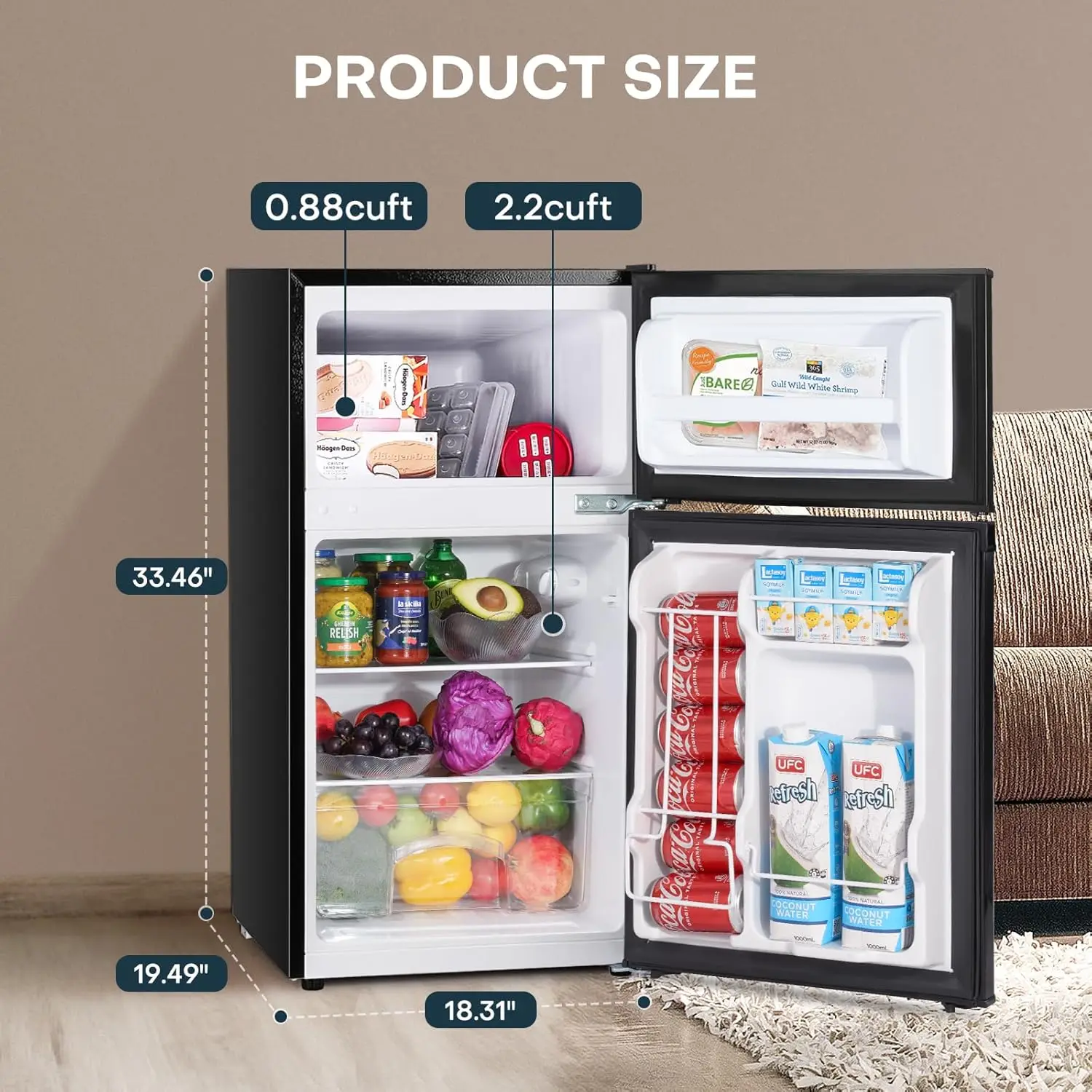 3.1 Cu.Ft Mini Fridge with Freezer, Double Door Mini Fridge, Dorm Essentials, Adjustable Thermostat, Energy Saving, Mini Fridge