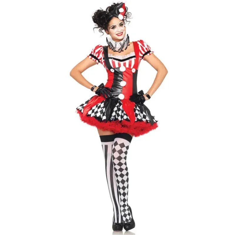 

New4Pcs Adult Women Funny Circus Clown Costume Female Clown Cosplay Carnival Halloween Fancy Dress Performance Clothing XB890920