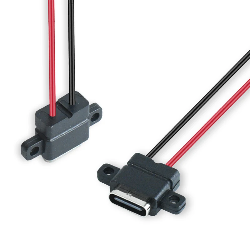 2Pin USB Type-C Female Panel Mount Connector Cable With Screw Hole, Open Tinned Wire / PH2.0 2P Terminal