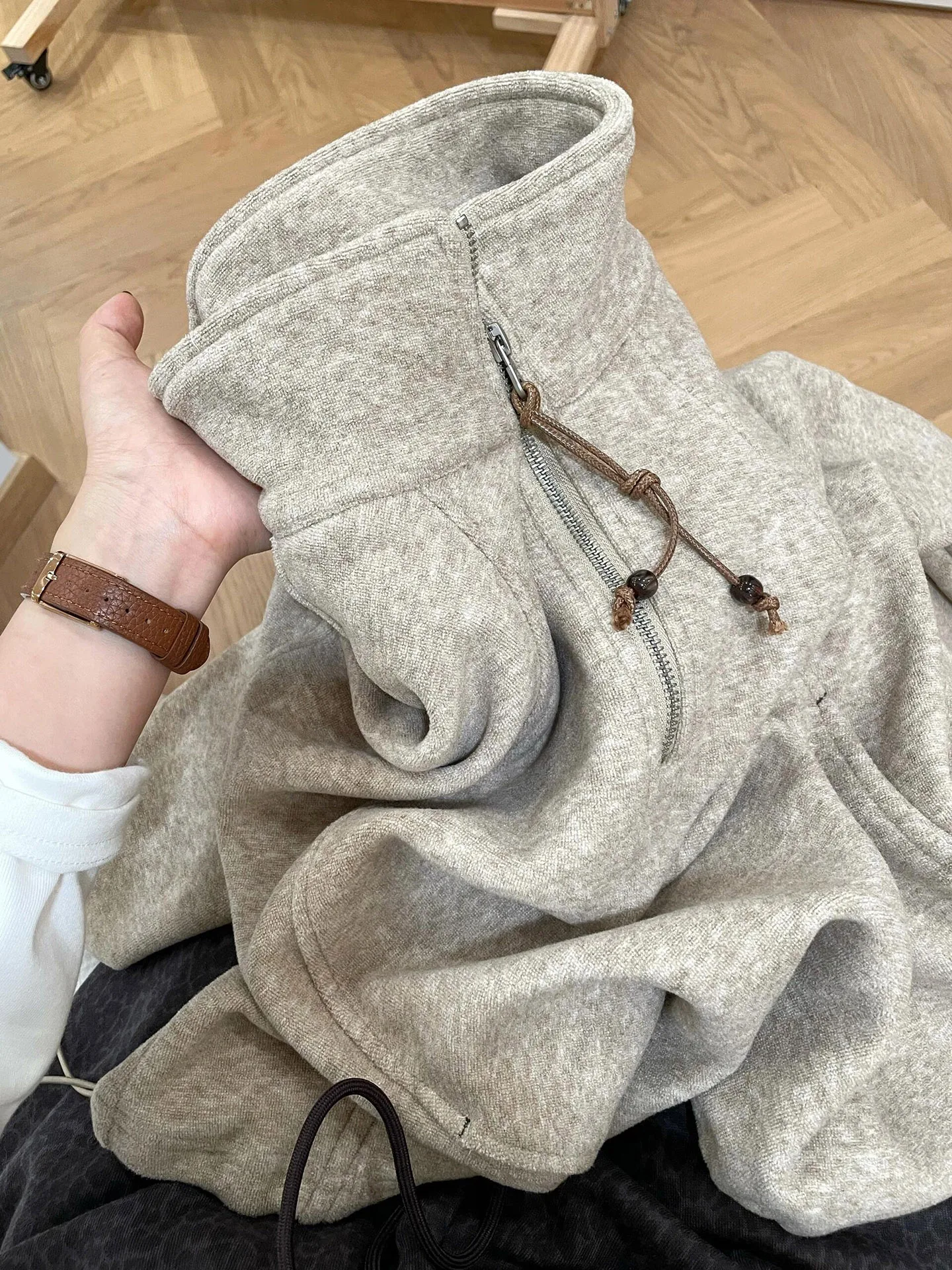 

Ретро-худи в американском стиле для женщин, свободный крой, зимний, утепленный, с воротником на молнии, корейский стиль, длинный рукав, цветной