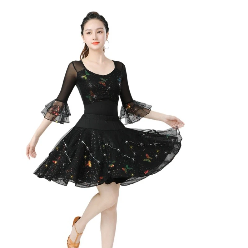 Quadrado dança latina saia curta jitterbug meio corpo saia lantejoulas borboleta três passos saia inchada desempenho traje feminino