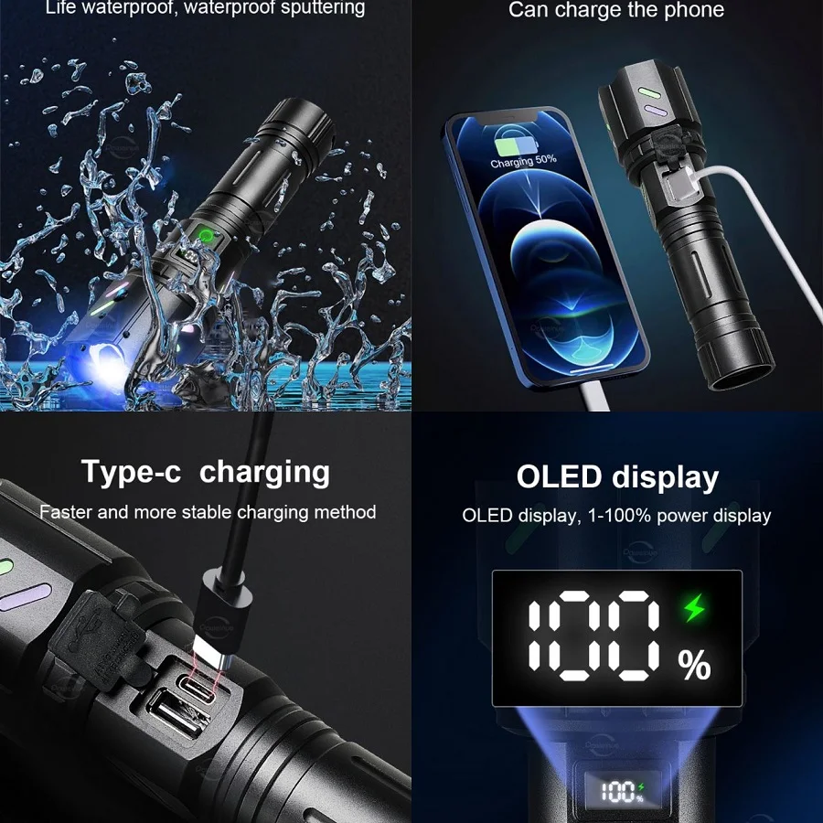 2025 High Power LED Flashlight Focusing Light Source Can Ignite Flames Waterproof USB Rechargeable Telescopic Zoom Camping Light
