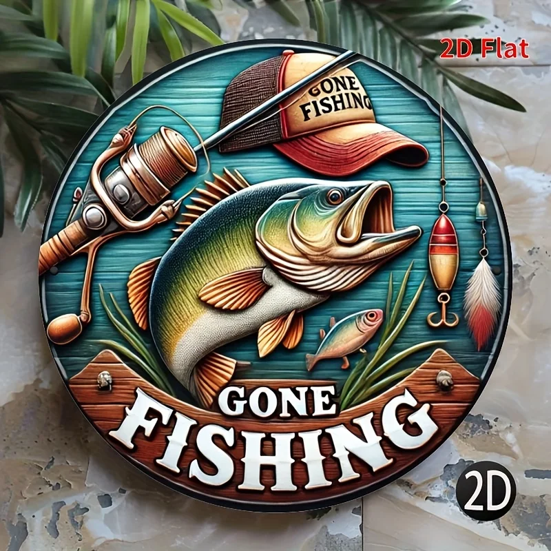 مسطح ثنائي الأبعاد، قطعة واحدة، علامة صيد السمك، علامة ترحيب لعشاق الصيد، (8 بوصة 8 بوصة) لتزيين الصيد، طباعة ثنائية الأبعاد، علامة مستديرة، مناسبة لـ #6