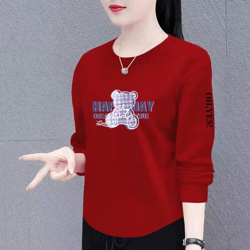 

Elegant Long Sleeve Mommy Clothes for Middle-Aged Women Loose Fit Korean Style T-Shirt Warm Polyester Fiber Printed Top