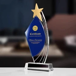 Popular Blue Crystal Trophy Customization Engrave LOGO Text Company Event Prizes Souvenirs Honor Medal Awards Home Decor