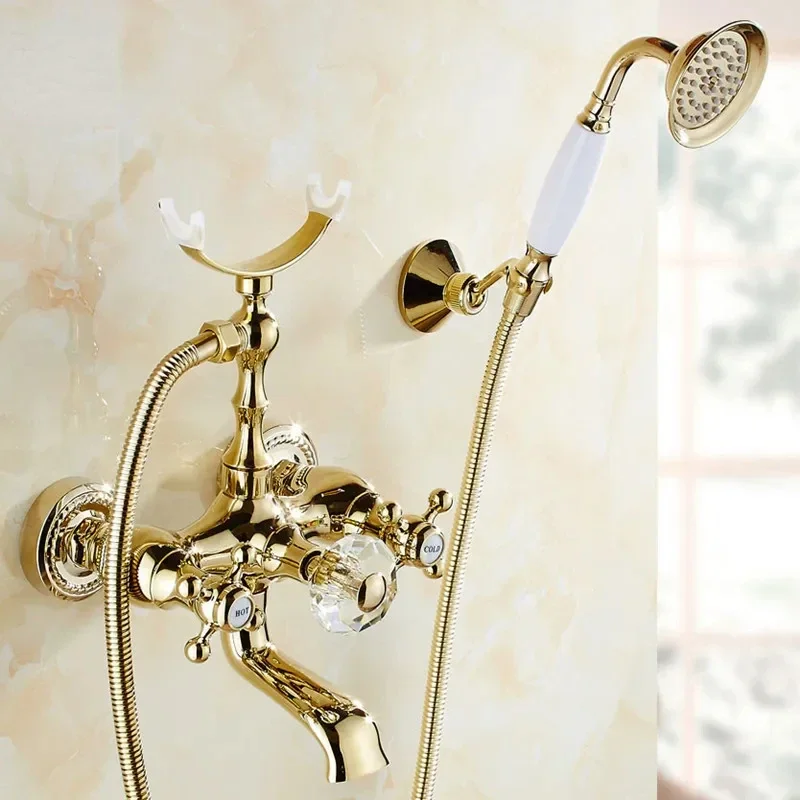 Bathtub Faucets Luxury Crystal Gold Bathroom Faucet Mixer Tap Wall Mounted Hand Held Telephone Type Shower Faucet Sets