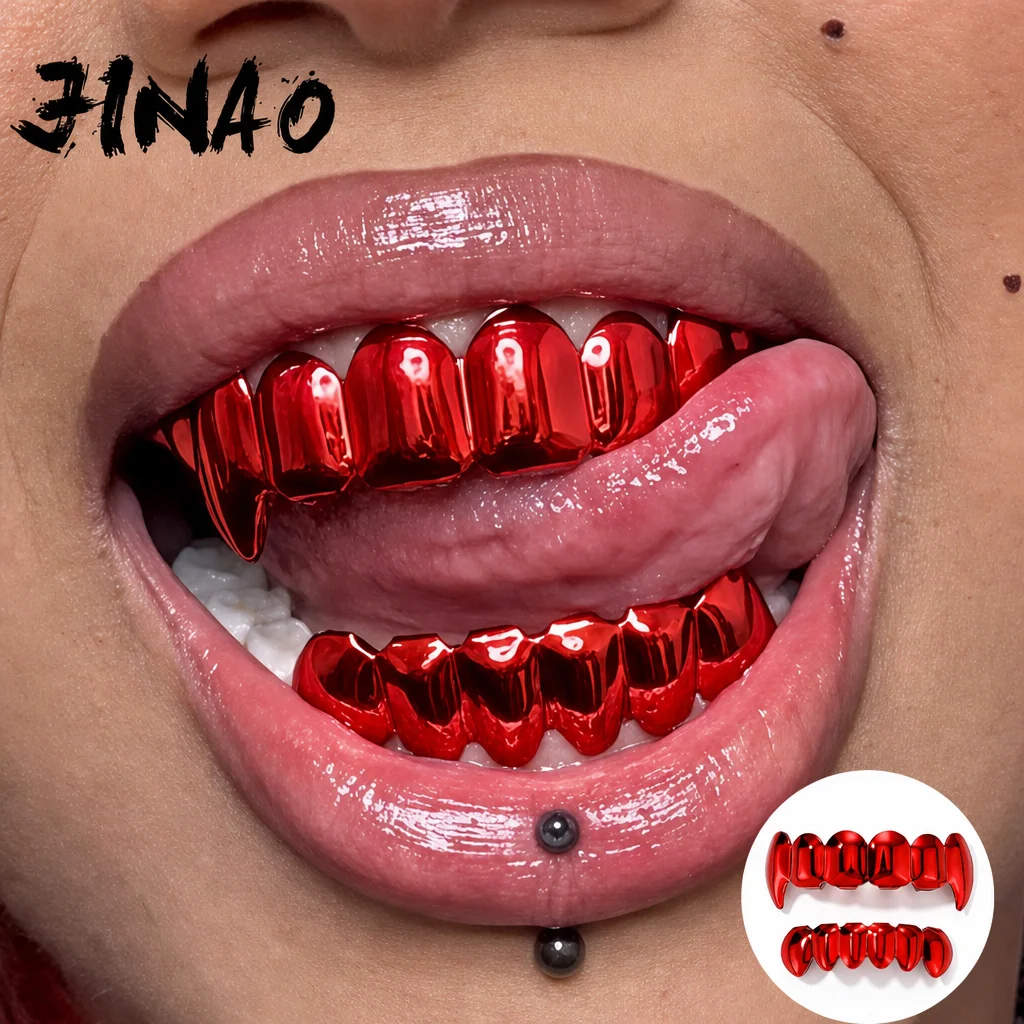 JINAO Hip Hop 6 Teeth Smooth Surface Drak Red Color Vampire Fangs Grillz Set Top&Bottom shinny Y2K Grill Punk Rapper Christmas