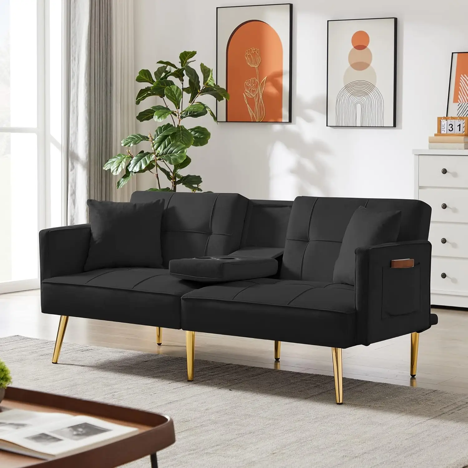 

Sofa Bed Sleeper Couches and Sofas with 2 Cups 69" Couch Recliner Convertible Sofa Modern Adjustable Velvet Futon Couches Sofas