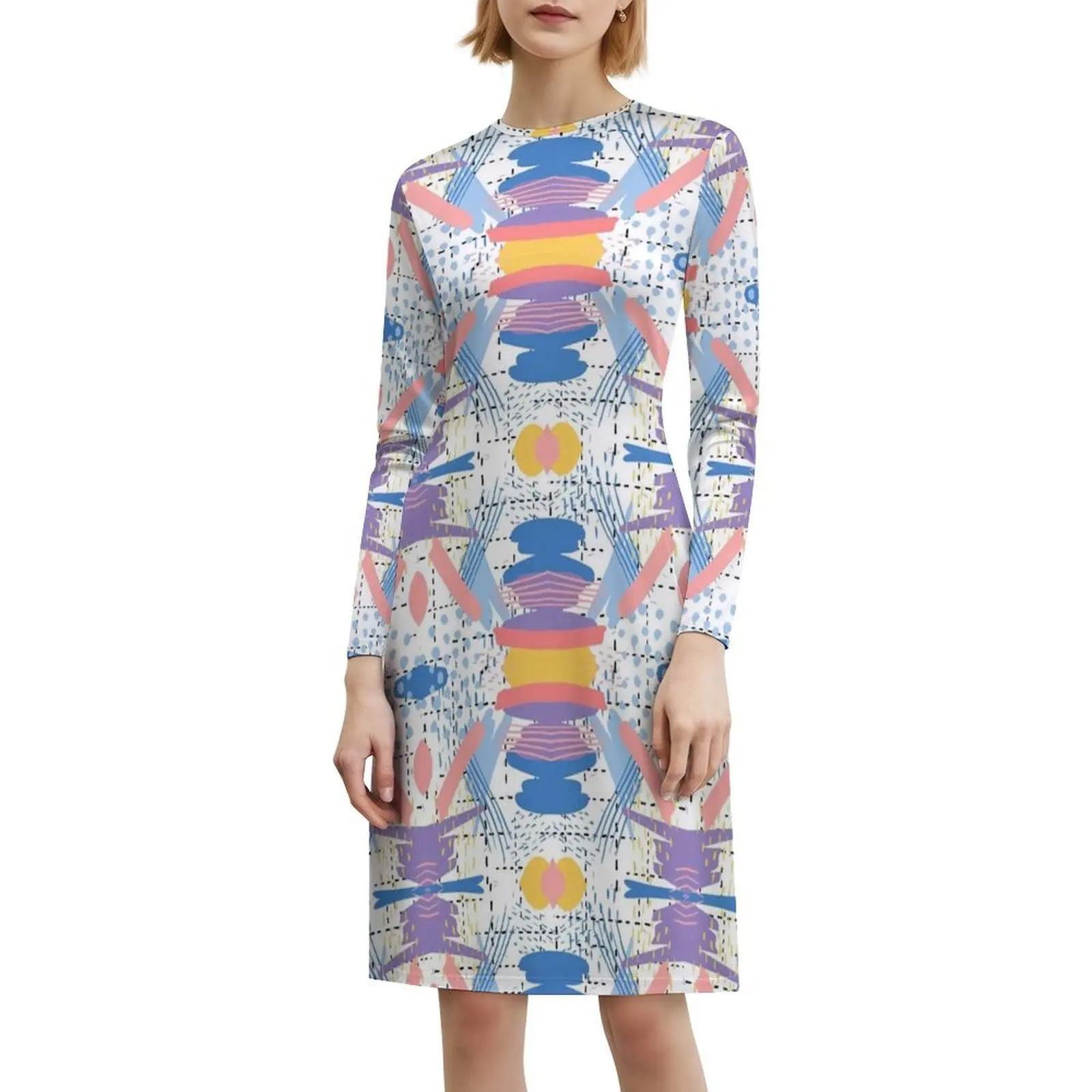 فستان حفلات أنيق للنساء بنمط هندسي تجريدي ملون على شكل حرف a مع خيارات قصيرة/طويلة/بدون أكمام مجردة #6