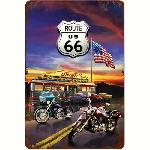 Route US 66 Diner 12 x 8 inch Metal Sign Distressed