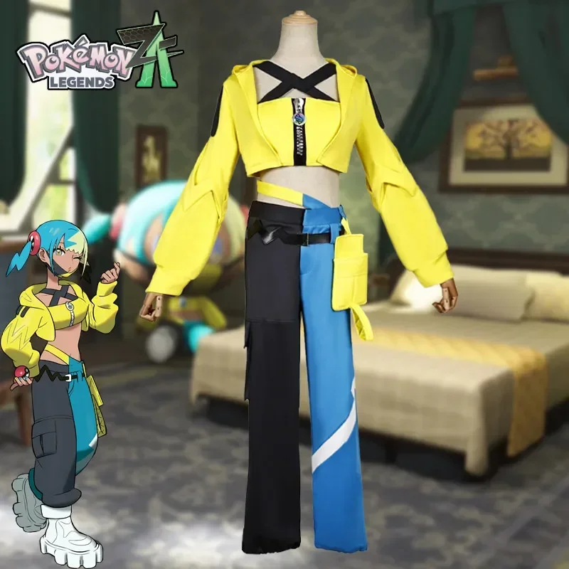 Disfraz de Cosplay de Anime Canari, Máscara, Chaqueta Amarilla, Pantalón Amarillo y Azul, Doble Accesorio, Traje de Mujer para Fiesta de Halloween, 9ª Generación