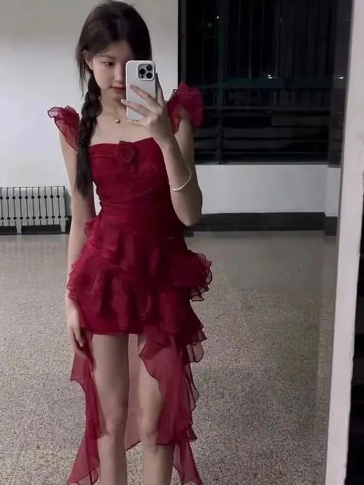 Dopne Waist-Cut Maxi Dr Beach Sle Vaion Theme Red Draped Tail Skirt for Women Autumn Season Irregular Hemline