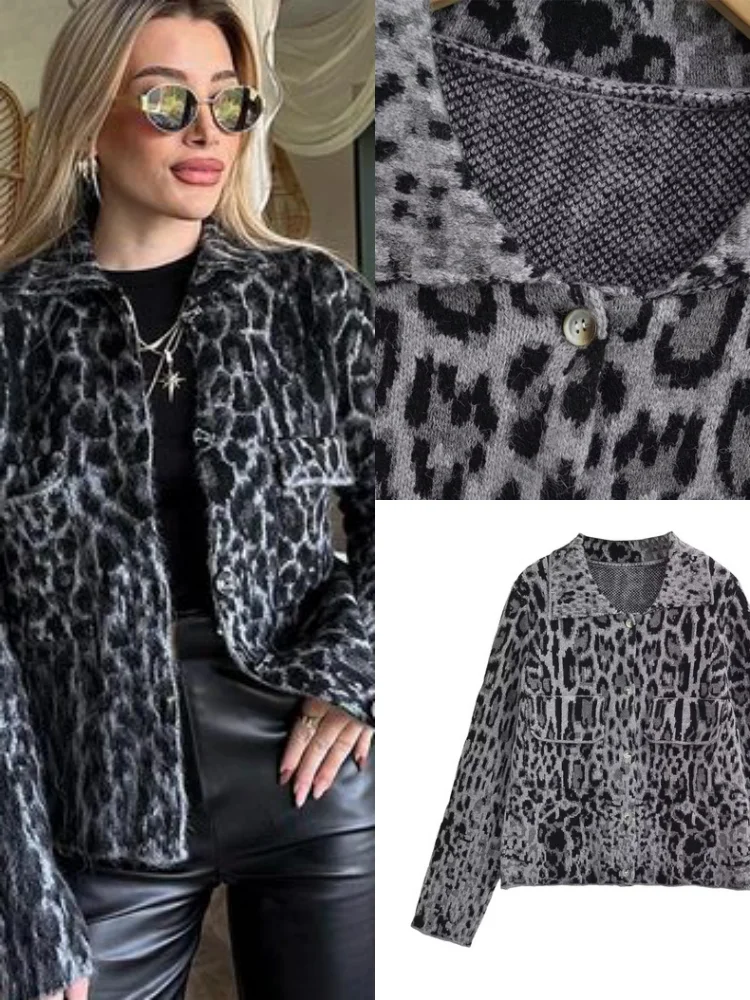 

Leopard Print Fuzzy Knit Women's Cardigan Singler Breasted Turn-Down Collar Knitwear Female Autumn Oversized Outerwear Ladies