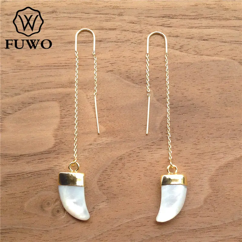 FUWO Wholesale Natural Freshwater Pearl Threader Earrings With Golden Plated Shell Horn Jewelry Gift For Women 5Pairs/Lot ER537