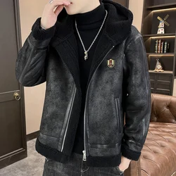 2022 Winter Fur Leather Jacket Men Hooded Lamb Wool Motorcycle Jacket Thick Warm Casual Streetwear Social Coat Men Clothing