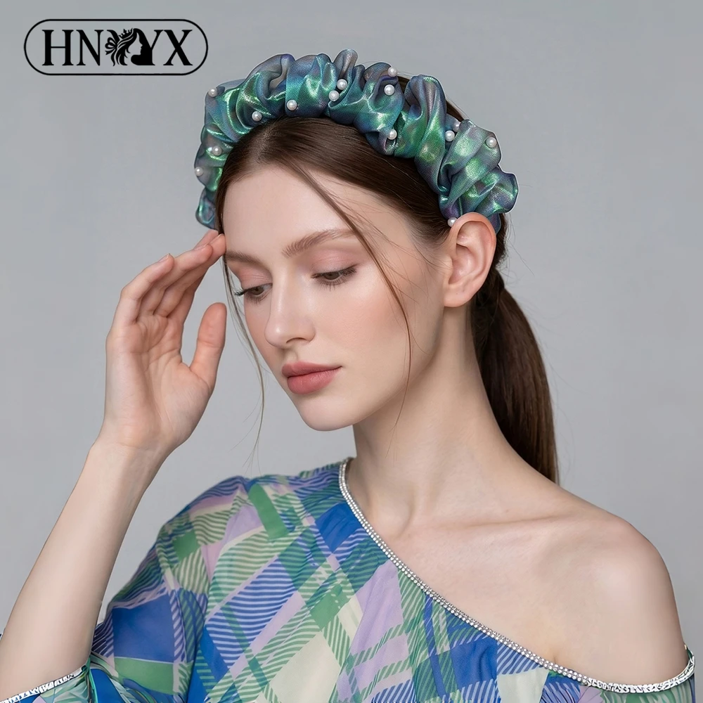 HNYYX Shimmer Color Shift Tulle Pearl Ruched Headband Women Fashion Mesh Hair Hoop Daily Party Dating Hair Accessories A441