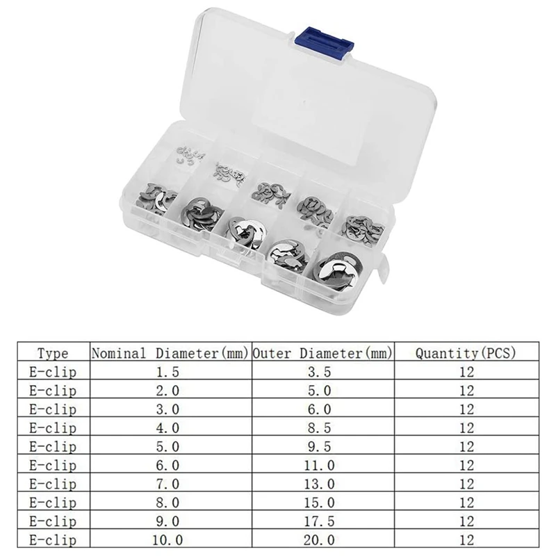 120 Pieces Of Circlip Combination Elastic Safety Ring Made Of Stainless Steel (304) E-Clamp (1.5Mm-10Mm)