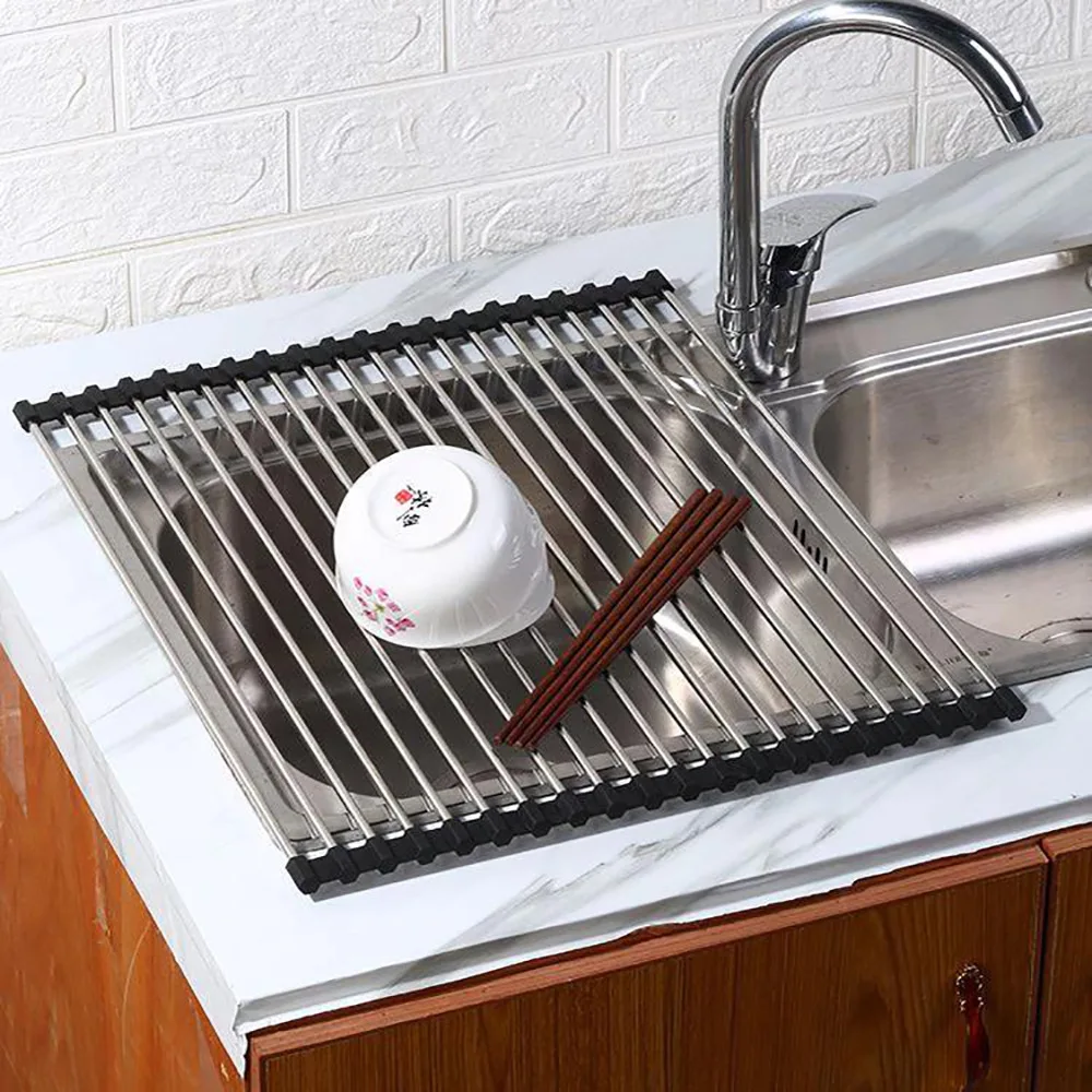 

Heat Resistant Foldable Roll-up Sink Drain Rack Silicone Coated Metal Fold Over Sink Dish Fruit Vegetable Drying Organizer Mat