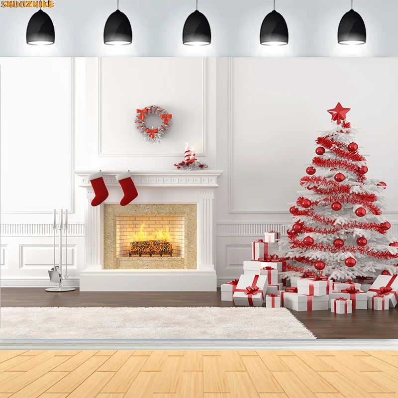 

Christmas Day Wreath Family New Year Party Photography Backdrops Prop Window Living Room Xmas Tree Gift Snow Background BV-40