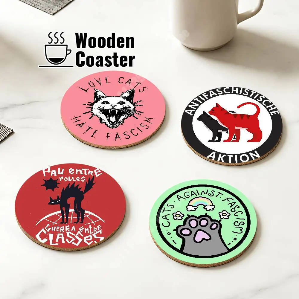 Antifascist Antiwar Kitten Cat Wooden Cup Mat Americano Beer Milk Water Coaster for Baking Studio