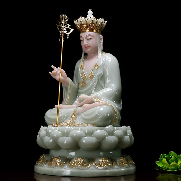 30cm large- high-grade home Asia efficacious Mascot ksitigarbha Dizang pusa Buddha Natural jade gilding carving Sculpture statue