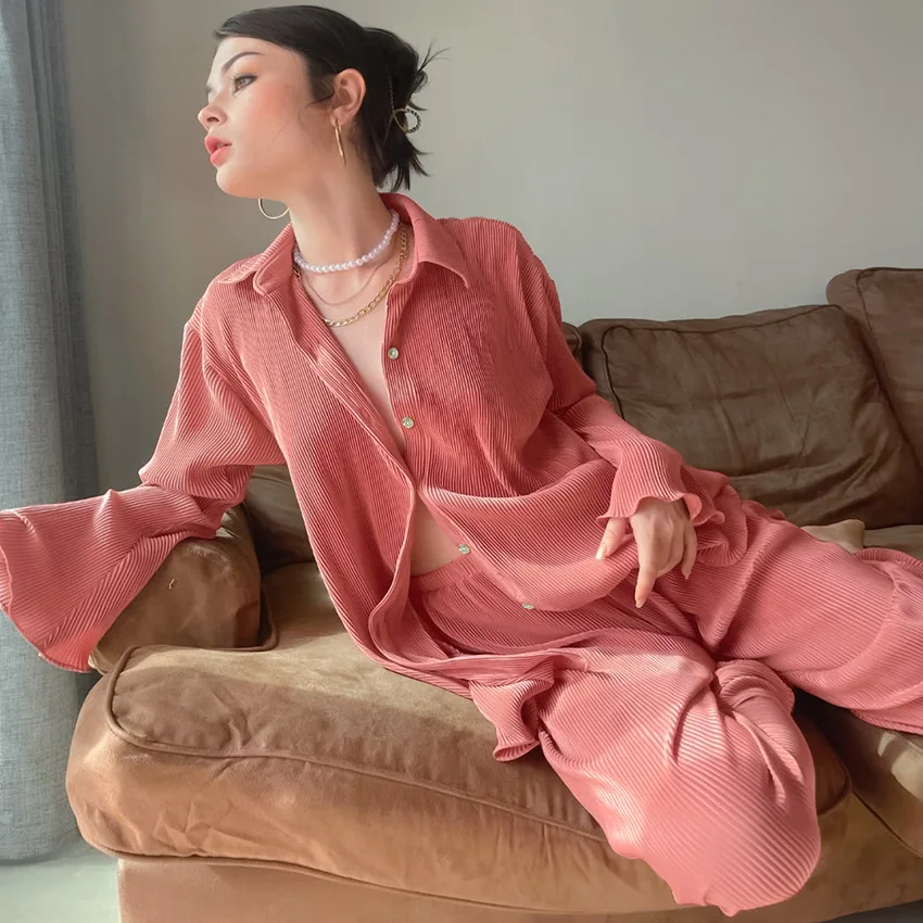 Xuân Hè Nữ Xếp Ly Vạt Áo Pyjama Set Áo Sơ Mi Tay Dài Đồ Ngủ Rời Phong Cách Hàn Quốc Đồ Ngủ Giải Trí Kỳ Nghỉ Quần Áo Mới