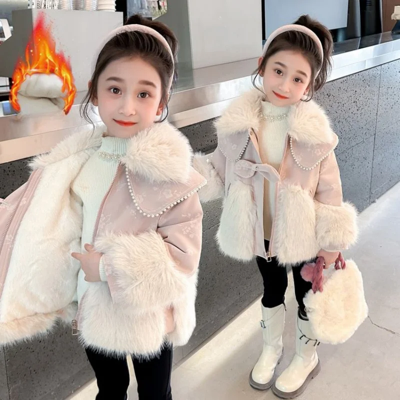 2025 Winter Warm Fashion 110-160cm Children Thickening Faux Fur Patchwork Plus Velvet Jacket Coat For Kids Baby Boys Girls