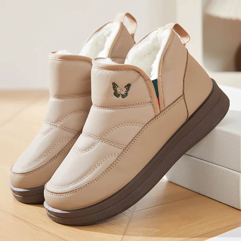Women Winter Slip-on Snow Boots Embroidered Butterfly Quilted Upper Fleece Lined Non-slip Thick Sole Warm Ankle Boots