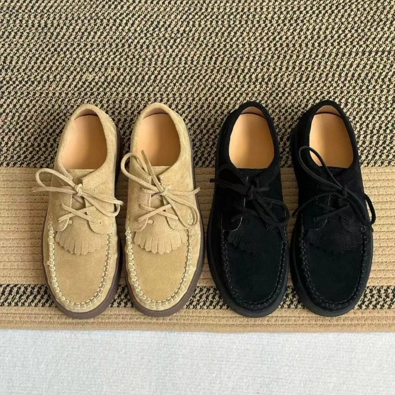 

Винтажные замшевые туфли дерби на платформе с кисточками, мягкие туфли дерби на шнуровке, повседневная женская обувь, низкие модные женские туфли на шнуровке